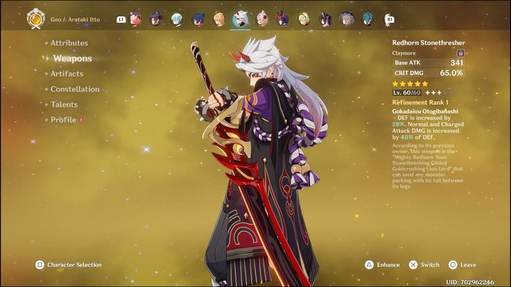 When it comes to weapons, Redhorn Stonethresher is thoroughly recommended - Genshin Impact: Itto - best builds (Geo) - Geo - Genshin Impact Guide