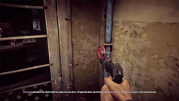 In this puzzle you must make water to start running in Keatings room which is done by interacting with nearby valves in a certain way - Exploration of building C | Black | Walkthrough - Black - Get Even Game Guide