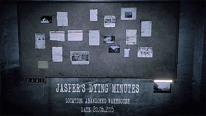 The evidence board for Jaspers Dying Minutes memory is presented in the picture above - Jaspers Dying Minutes | Hidden memories - Hidden memories - Get Even Game Guide