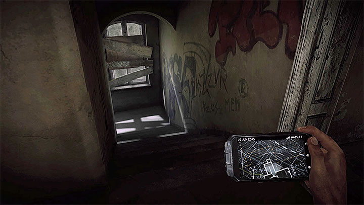 After shooting him you can look around the area with a staricase and use the stairs, presented in the picture, to go down - The Asylum - building B | Hidden memories - Hidden memories - Get Even Game Guide