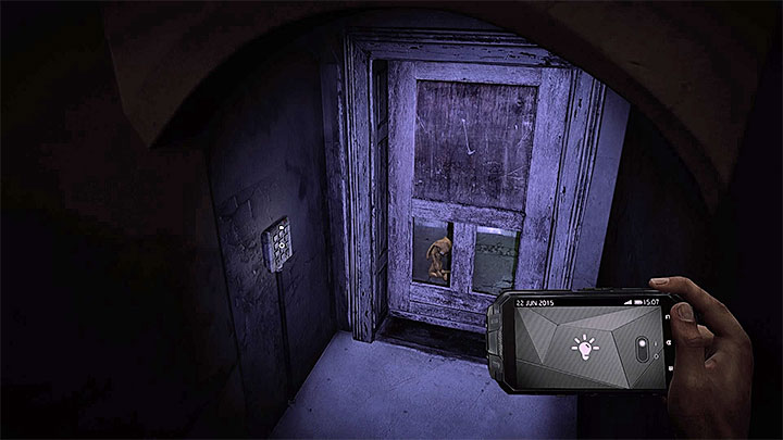 When you go down you can see the door with an electronic lock, the door are presented in the picture - The Asylum - building B | Hidden memories - Hidden memories - Get Even Game Guide