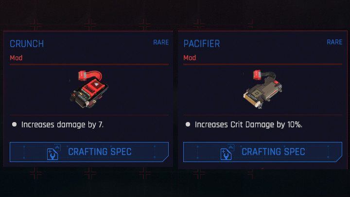 There are three options worth considering when you choose your weapon mods: Crunch, Pacifier, and Penetrator - Cyberpunk 2077: Gunslinger - complete character build - Cyberpunk 2077: Builds - Cyberpunk 2077 Guide