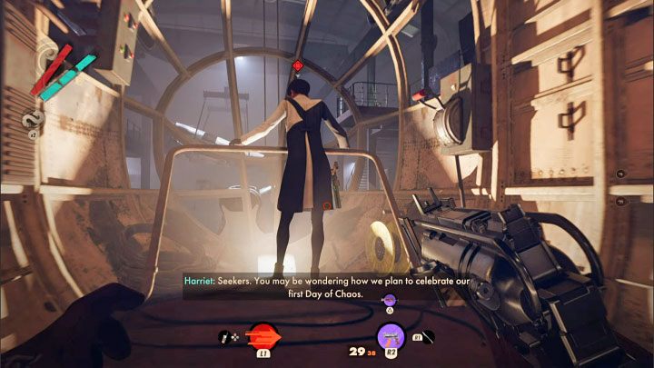 Can you deliberately initiate combat (The Visionary will reach you sooner or later) or try to stay stealth - in the latter case, it is good to teleport to one of the wings of the aircraft (when no one is looking at them) and then to the side room (bypassing laser traps) - Deathloop: Harriet Morse - boss, how to beat? - Bosses (Visionaries) - Deathloop Guide