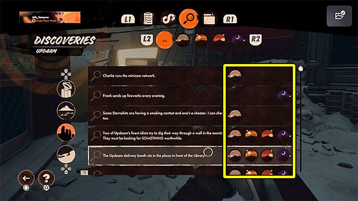 The descriptions of investigations and individual discoveries contain icons that mark the time of day when a given activity is available - Deathloop: How to change time of day? - FAQ - Deathloop Guide