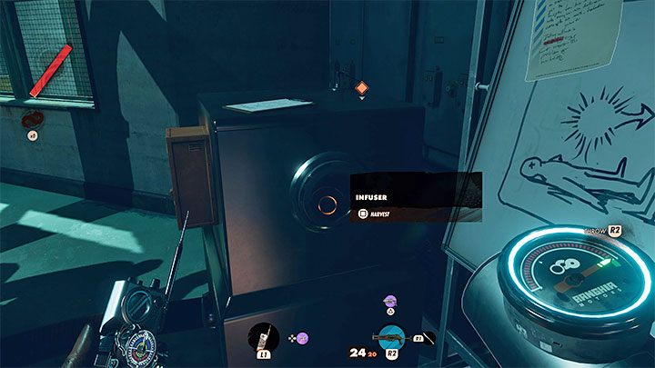 With the device is filled, you have to reach a infusor in the laboratory - Deathloop: How to keep powers & weapons? - FAQ - Deathloop Guide