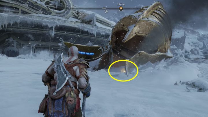 The large helmet can be easily located thanks to smoke coming out of it - God of War Ragnarok: Lake of Nine, Midgard - secrets, collectibles - God of War Ragnarok: Midgard - God of War Ragnarok Guide