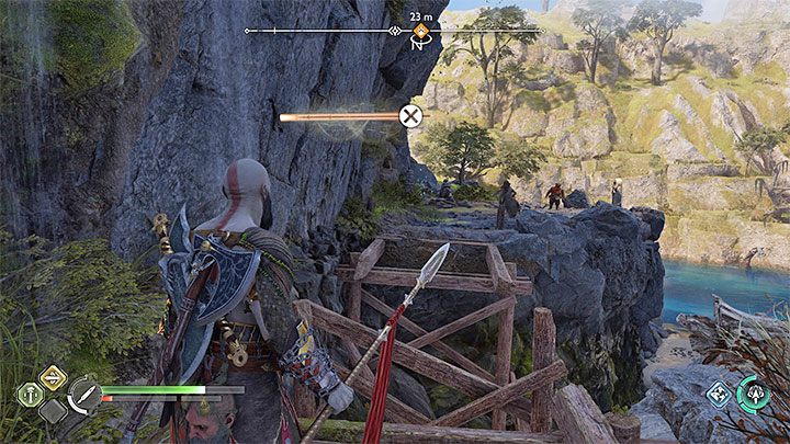 2) Using the impaled spear as a pole - You can jump to it (X on the controller) and then access the next ledge - God of War Ragnarok: What are weak points (holes) with air coming out of them? - God of War Ragnarok: Exploration - God of War Ragnarok Guide