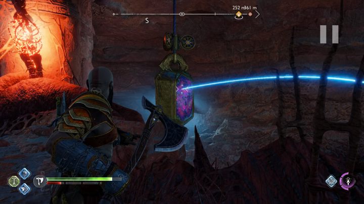 Turn the second crystal so the axe can hit the 1st crystal and rebound, removing the remaining red nodes blocking the chest - God of War Ragnarok: The Forbidden Sands, Alfheim - secrets, collectibles - God of War Ragnarok: Alfheim - God of War Ragnarok Guide