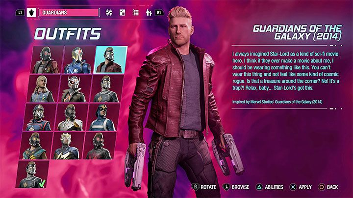 The Guardians of the Galaxy 2014 outfit for the Star-Lord (Peter Quill) can be obtained in chapter 6 of the campaign - Guardians of the Galaxy: Outfits from the movie - are they in the game? - Appendix - Guardians of the Galaxy Guide