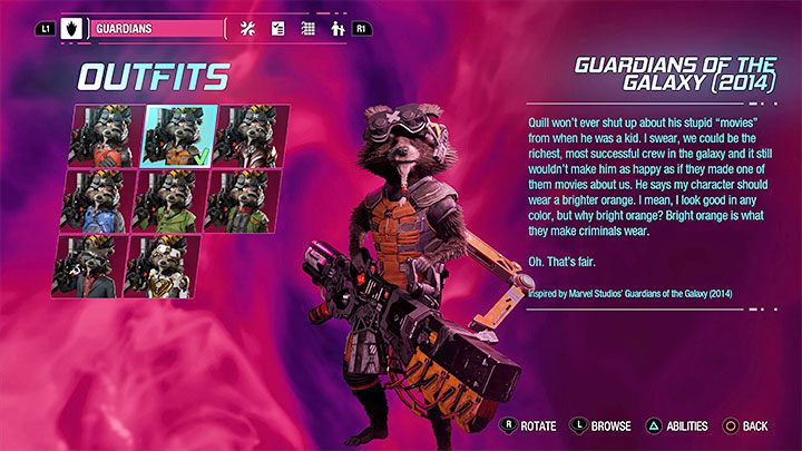 The Guardians of the Galaxy 2014 outfit for Rocket can be obtained in chapter 1 of the campaign - Guardians of the Galaxy: Outfits from the movie - are they in the game? - Appendix - Guardians of the Galaxy Guide
