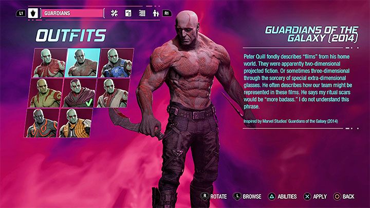 The Guardians of the Galaxy 2014 outfit for Drax can be obtained in chapter 4 of the campaign (you will get it regardless of whether you sold Groot or Rocket) - Guardians of the Galaxy: Outfits from the movie - are they in the game? - Appendix - Guardians of the Galaxy Guide