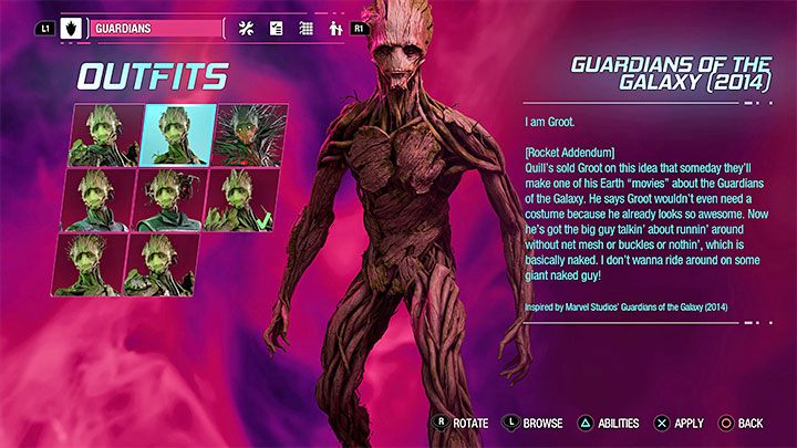 The Guardians of the Galaxy 2014 outfit for Groot can be obtained in chapter 1 of the campaign - Guardians of the Galaxy: Outfits from the movie - are they in the game? - Appendix - Guardians of the Galaxy Guide