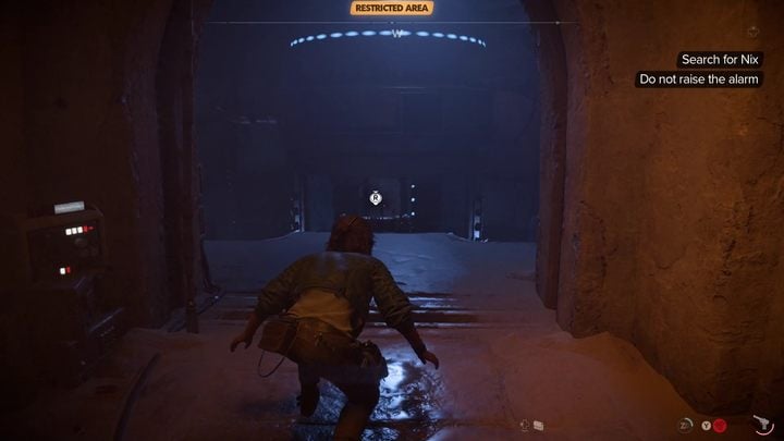 There's an elite guard on the staircase in front of you - you can either fight the guard to get the crafting materials at the top of the stairs or go to the blue-lit room next door and use the grappling hook to go further - Star Wars Outlaws: Partners - walkthrough - Tatooine - Star Wars Outlaws Guide
