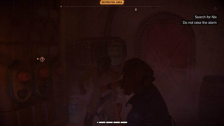 At the end of the next corridor is an enemy who is invisible from this angle without Nix's sense - if he spots you, quickly take him out in melee before he alerts the other enemies - Star Wars Outlaws: Partners - walkthrough - Tatooine - Star Wars Outlaws Guide