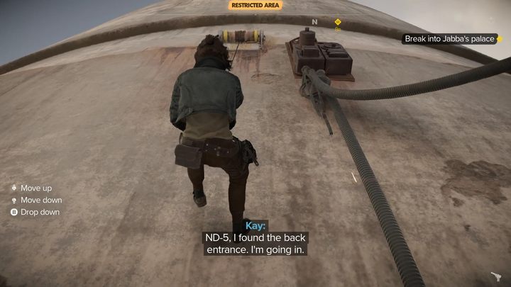 After making your way through the enemies and reaching the tower wall, use the grappling hook to pull yourself up to enter Jabba's palace - Star Wars Outlaws: Partners - walkthrough - Tatooine - Star Wars Outlaws Guide