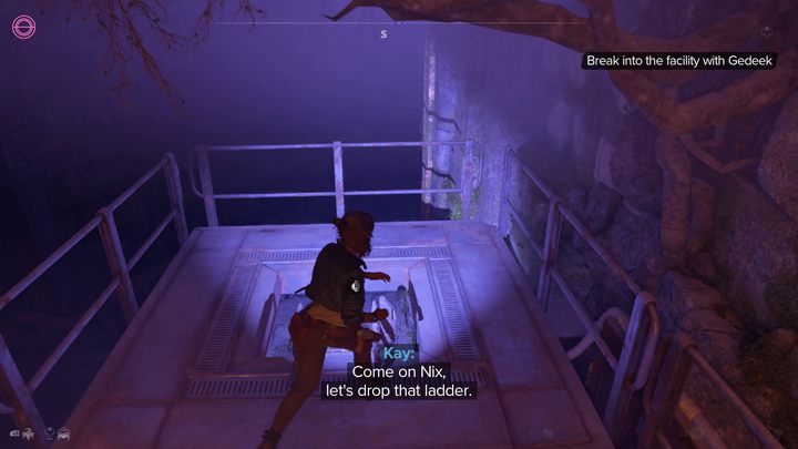 During the platforming sequence in front of the factory, remember to lower the ladder for Gedeek and ND-5 who are standing behind - Star Wars Outlaws: Legacy - walkthrough - Epilogue - Star Wars Outlaws Guide