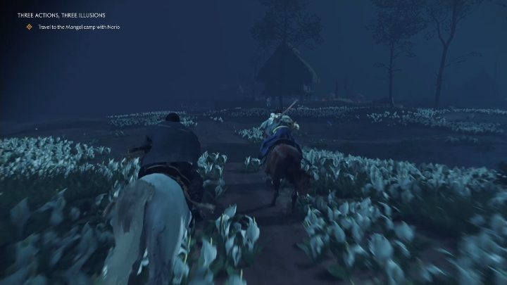 After talking to the monk, go to the village attacked by the Mongols - Ghost of Tsushima: Three Actions, Three Illusions walkthrough, A Norio Tale - A Norio Tale - Ghost of Tsushima Guide, Walkthrough