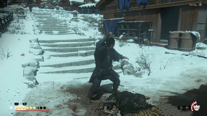 After rescuing the woman, return to the mill in Sago - Ghost of Tsushima: Hidden in Snow walkthrough, Tales of Tsushima - Other tales - Ghost of Tsushima Guide, Walkthrough