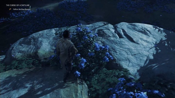 Your first objective is to find an area with blue flowers - Ghost of Tsushima: The Curse of Uchitsune walkthrough, Mythical Tales, video - Mythic Tales - Ghost of Tsushima Guide, Walkthrough