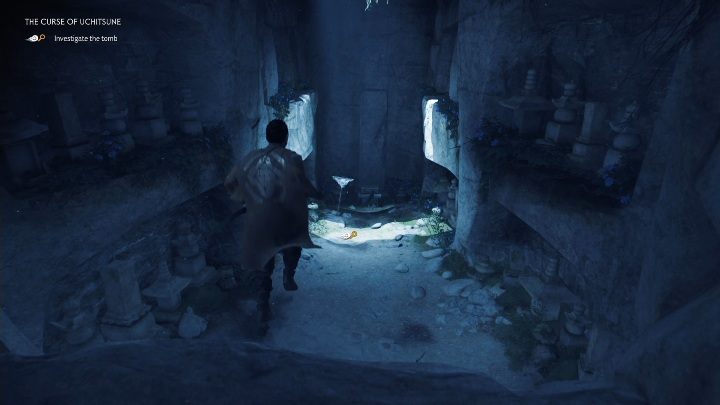 There is a small recess at the top covered in blue flowers - Ghost of Tsushima: The Curse of Uchitsune walkthrough, Mythical Tales, video - Mythic Tales - Ghost of Tsushima Guide, Walkthrough