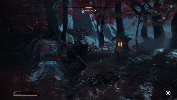 A duel with Kanetomo takes place on a glade that is covered with red autumn leaves - Ghost of Tsushima: Duels, Toyotama Region secrets map, video guide - Toyotama Region - Ghost of Tsushima Guide, Walkthrough