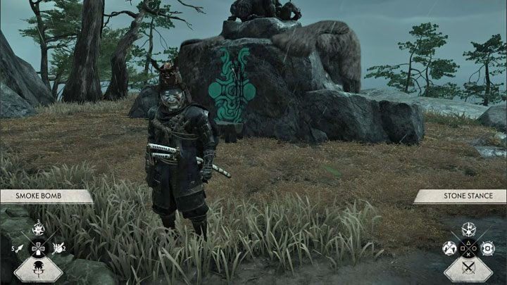 2) Throw a Smoke Bomb - You can select smoke bombs from your inventory by holding down R2 and pressing down on the d-pad - Ghost of Tsushima Iki Island: Shrine in Shadow - Secrets and Collectibles - Ghost of Tsushima Guide, Walkthrough