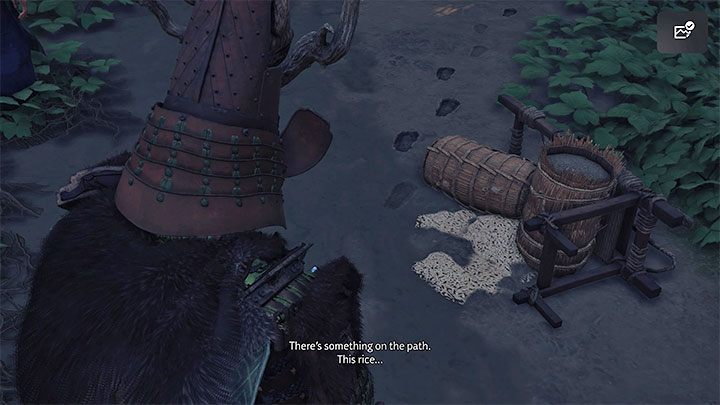 To progress the quest, locate the spilled rice from the screenshot - Ghost of Tsushima Iki Island: The Impact of Loss - walkthrough - Side Quests - Ghost of Tsushima Guide, Walkthrough