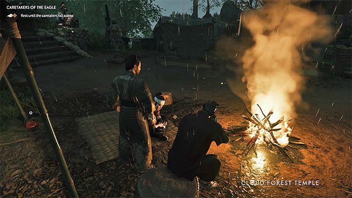 Go back to the top of the temple and talk to the people sitting around the fire - Ghost of Tsushima Iki Island: Caretakers of the Eagle - walkthrough - Side Quests - Ghost of Tsushima Guide, Walkthrough