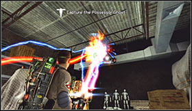 Choose the Slime Gun from your list of weapons and use the slime to help your possessed friend by sending the ghost away from his body - Level 4: Museum of History - part 1 - Walkthrough - Ghostbusters The Video Game - Game Guide and Walkthrough