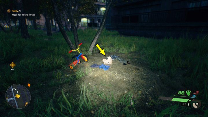 The relic is on the ground, near a children's bike in a small forest by the residential buildings, north-west of the Shiratsuki shrine - Ghostwire Tokyo: Relics Northern Tokyo - list - Relics - Ghostwire Tokyo Guide