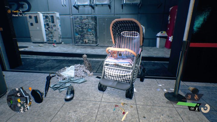 The relic is in a pram in the alley behind the Sengoku building - Ghostwire Tokyo: Relics, Central Tokyo - list of all - Relics - Ghostwire Tokyo Guide