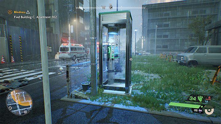 When you get near the residential buildings, check out the telephone booth in the lower left part of the search area - Ghostwire Tokyo: Blindness - walkthrough - Chapter 3: Connection - Ghostwire Tokyo Guide
