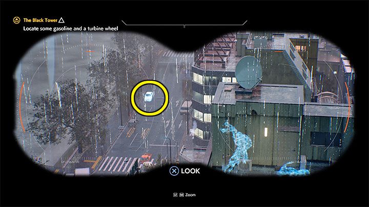 In this case, you need to investigate the parked vehicle at the left edge of the search area - we have marked it in the picture - Ghostwire Tokyo: The Black Tower - walkthrough - Chapter 4: Contortion - Ghostwire Tokyo Guide