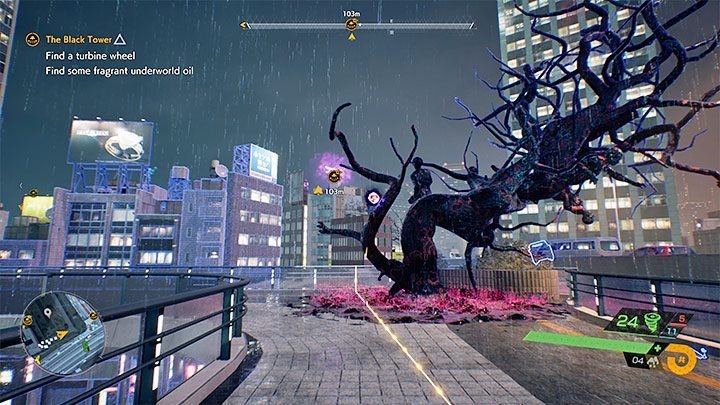 The route will lead you to the corrupted tree shown in the picture - Ghostwire Tokyo: The Black Tower - walkthrough - Chapter 4: Contortion - Ghostwire Tokyo Guide