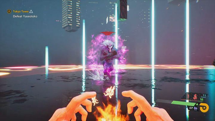 The boss can also generate a shield you can damage with charged attacks (the fire element works the best here) or just wait for Yaseotoko to drop it on his own - Ghostwire Tokyo: Tokyo Tower - walkthrough - Chapter 5: Severance - Ghostwire Tokyo Guide