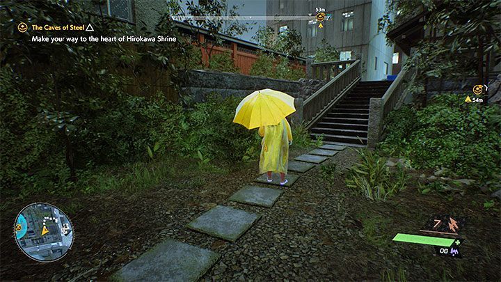 The black trail will lead you to the Hirokawa Shrine - Ghostwire Tokyo: Caves of Steel - walkthrough - Chapter 2: Trouble - Ghostwire Tokyo Guide