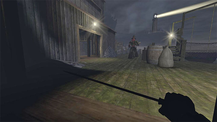 One of the guards patrolling the footbridges in front of the main building has the Fishery Power Room key - Gloomwood: Croups Fishery - walkthrough - Walkthrough - Gloomwood Guide, Walkthrough