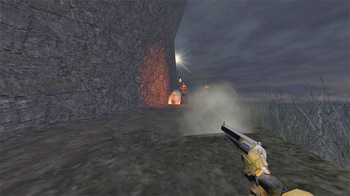 If you choose the main path, you will encounter two guards standing by the destroyed road - Gloomwood: Croups Fishery - walkthrough - Walkthrough - Gloomwood Guide, Walkthrough