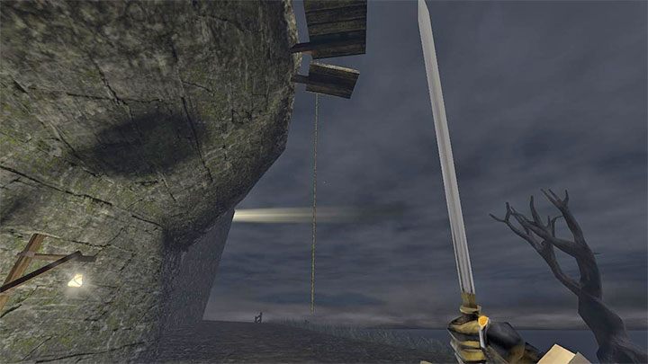 Next to the hut with the Phonograph you will find a rope - use it to climb - Gloomwood: Croups Fishery - walkthrough - Walkthrough - Gloomwood Guide, Walkthrough