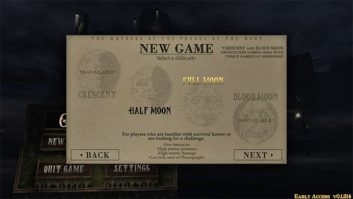 During Gloomwood's Early Access (September 2022) only two out of four planned difficulty levels are available - Gloomwood: Beginners guide - Basics - Gloomwood Guide, Walkthrough