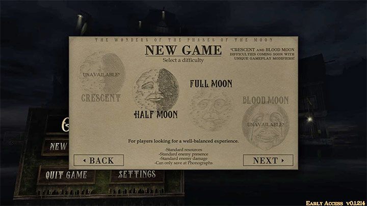 The Early Access version allows you to start a new playthrough and consists of 3 initial levels (in the order they are played in the campaign) - Gloomwood: Early access version content - Appendix - Gloomwood Guide, Walkthrough