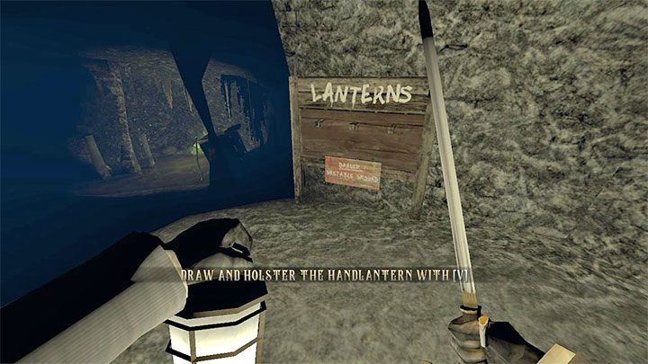 Right after entering the new location, you will find a Lantern that you can use limitless (use the V key to take it out and hide it) - Gloomwood: Coast Caves - walkthrough - Walkthrough - Gloomwood Guide, Walkthrough