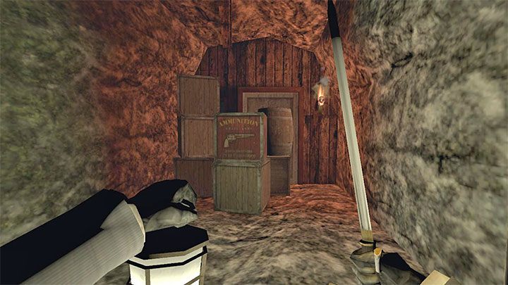 The stairs lead to the barricaded door - Gloomwood: Coast Caves - walkthrough - Walkthrough - Gloomwood Guide, Walkthrough