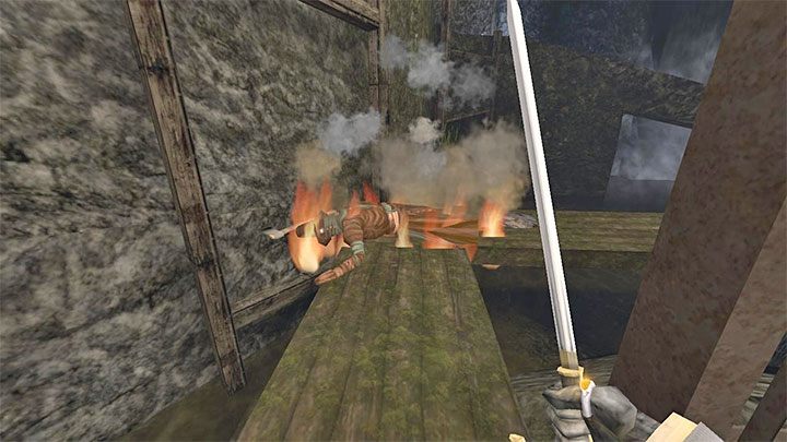 If you don't mind fighting, it's best to climb on the back of the elevator, sneak to one of the enemies from behind, and stab him - Gloomwood: Coast Caves - walkthrough - Walkthrough - Gloomwood Guide, Walkthrough