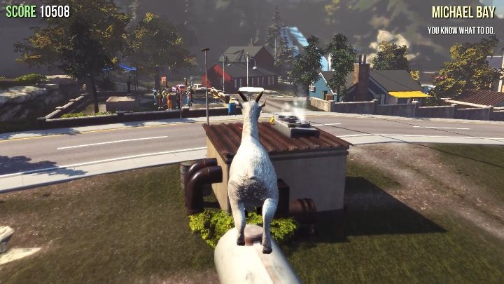 The statue is located on top of this small building, which is located near a busy road - Goat statues in Goat Simulator - Basics - Goat Simulator Guide