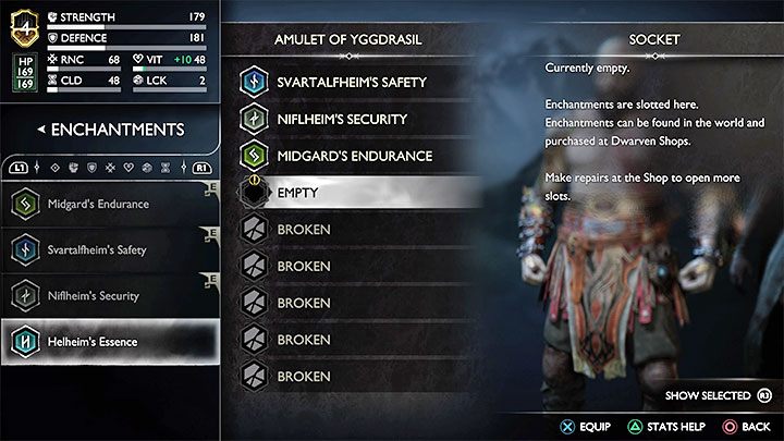 From now on, you can use the slot to store Enchantsments - God of War Ragnarok: How to repair the amulet from The Reckoning story quest? - God of War Ragnarok: Character development - God of War Ragnarok Guide