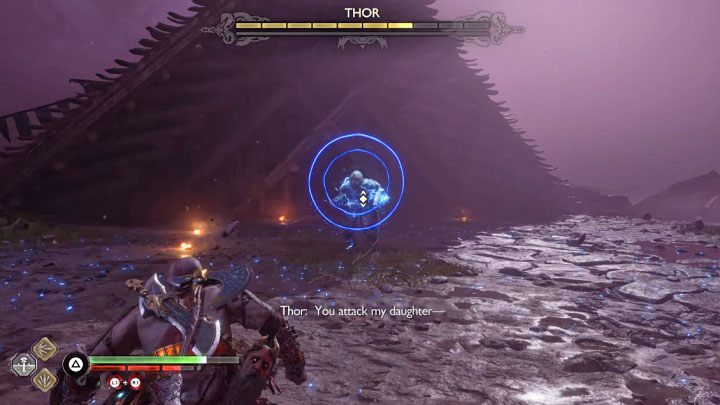 Novelties in the second phase include a blue attack - to interrupt it, run up to the boss quickly and hit him with shield (L1x2) - God of War Ragnarok: How to defeat Thor (second fight)? - God of War Ragnarok: Bosses - God of War Ragnarok Guide