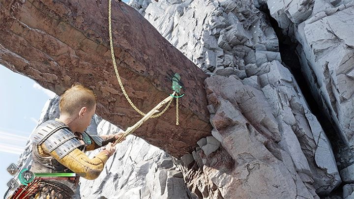 After the area is clear, hit the green object with the sonic arrow - this will lower a chain - God of War Ragnarok: The Runaway - walkthrough - God of War Ragnarok: Walkthrough - God of War Ragnarok Guide