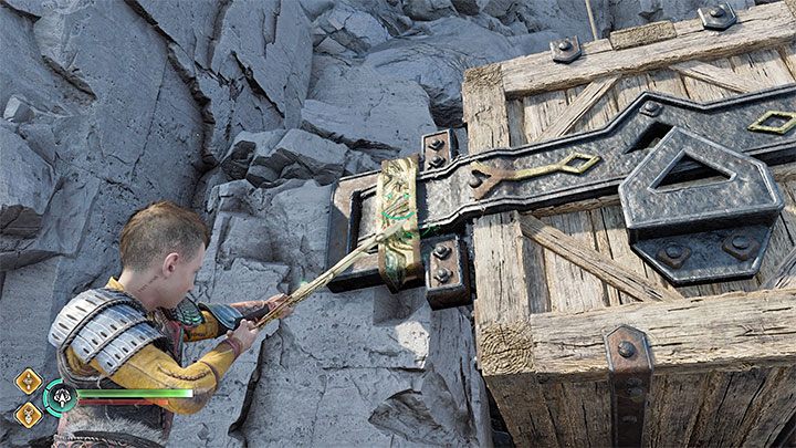 You will reach a location with hanging cargo (2 of them), and your task is to destroy 2 hooks that hold the cargo - God of War Ragnarok: The Runaway - walkthrough - God of War Ragnarok: Walkthrough - God of War Ragnarok Guide
