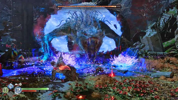 One of the more dangerous moves is a red attack that generates a bifrost field in front of the boss - God of War Ragnarok: How to defeat Nidhogg from Vanaheim? - God of War Ragnarok: Bosses - God of War Ragnarok Guide